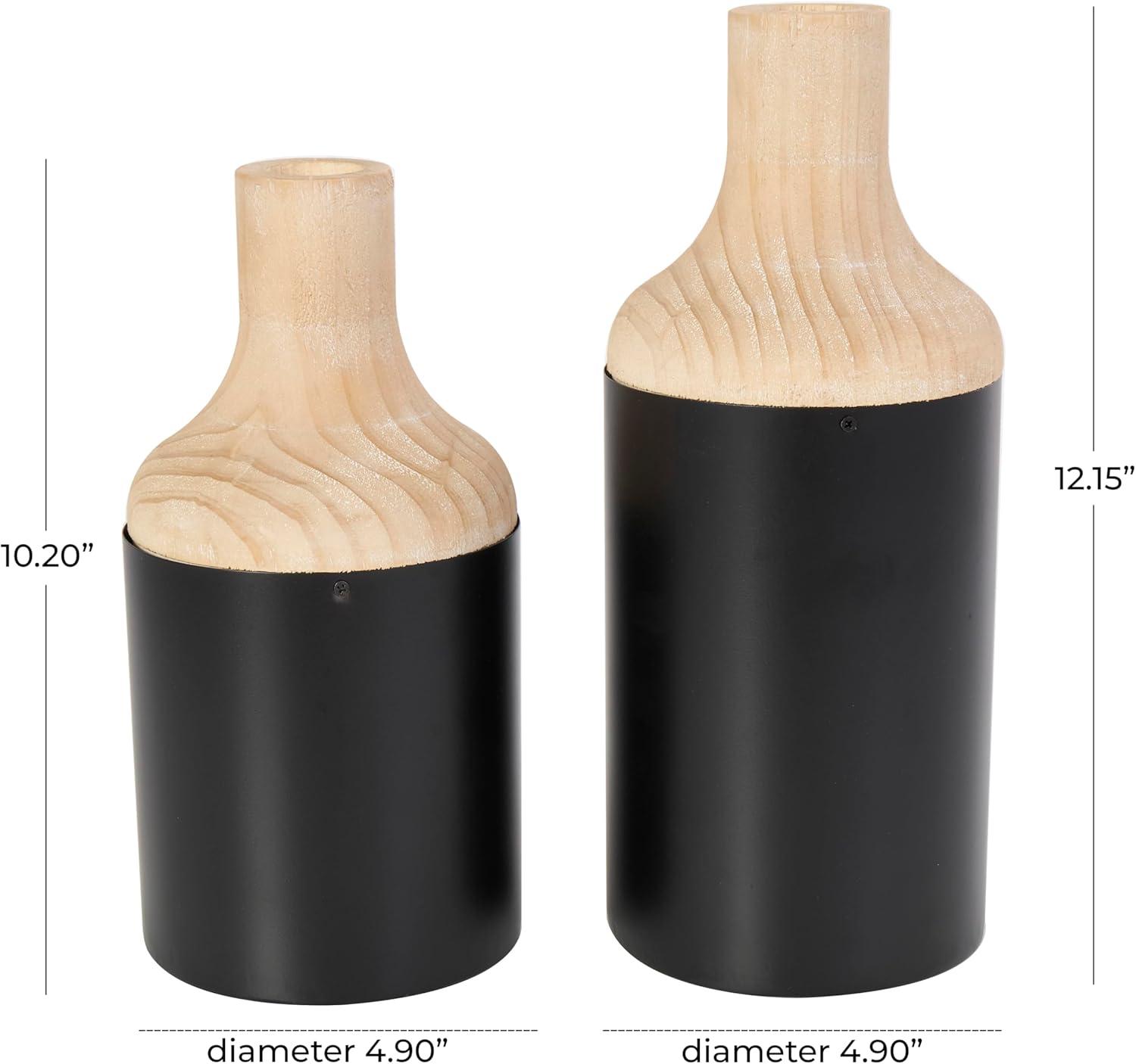imageDeco 79 Metal Decorative Vase Color Block Centerpiece Vases with Rounded Linear Grooves and Brown Wood Tops Set of 2 Flower Vases for Home Decoration 11quot 10quot H BlackBlack