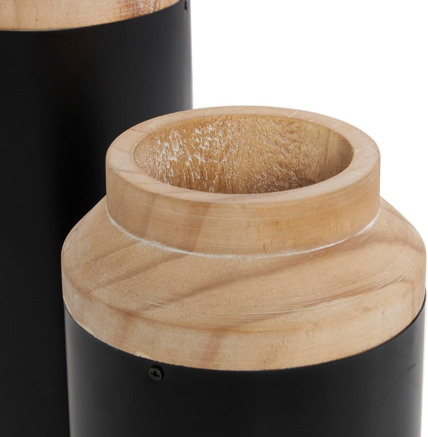 imageDeco 79 Metal Decorative Vase Color Block Centerpiece Vases with Rounded Linear Grooves and Brown Wood Tops Set of 2 Flower Vases for Home Decoration 11quot 10quot H BlackBlack