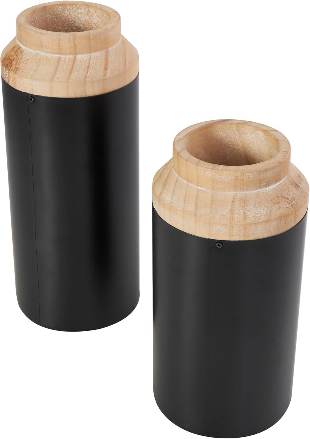 imageDeco 79 Metal Decorative Vase Color Block Centerpiece Vases with Rounded Linear Grooves and Brown Wood Tops Set of 2 Flower Vases for Home Decoration 11quot 10quot H BlackBlack