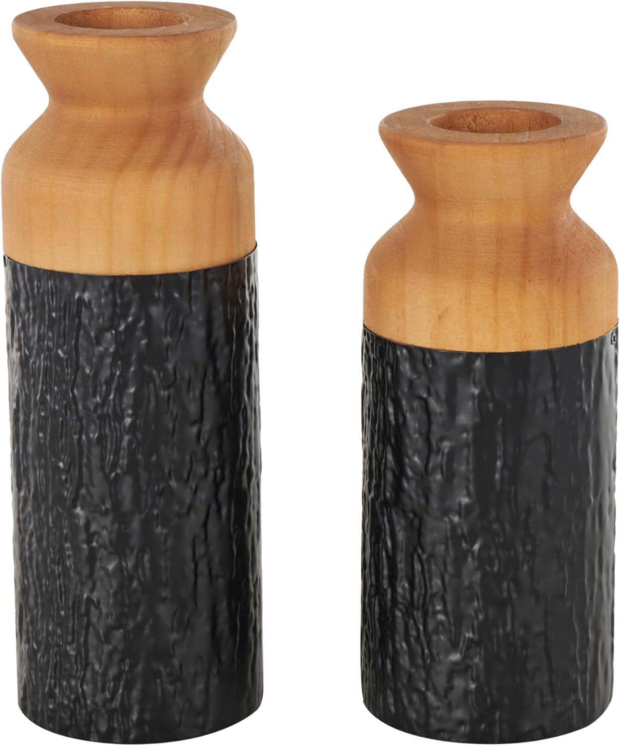 imageDeco 79 Metal Decorative Vase Color Block Centerpiece Vases with Rounded Linear Grooves and Brown Wood Tops Set of 2 Flower Vases for Home Decoration 11quot 10quot H BlackBlack