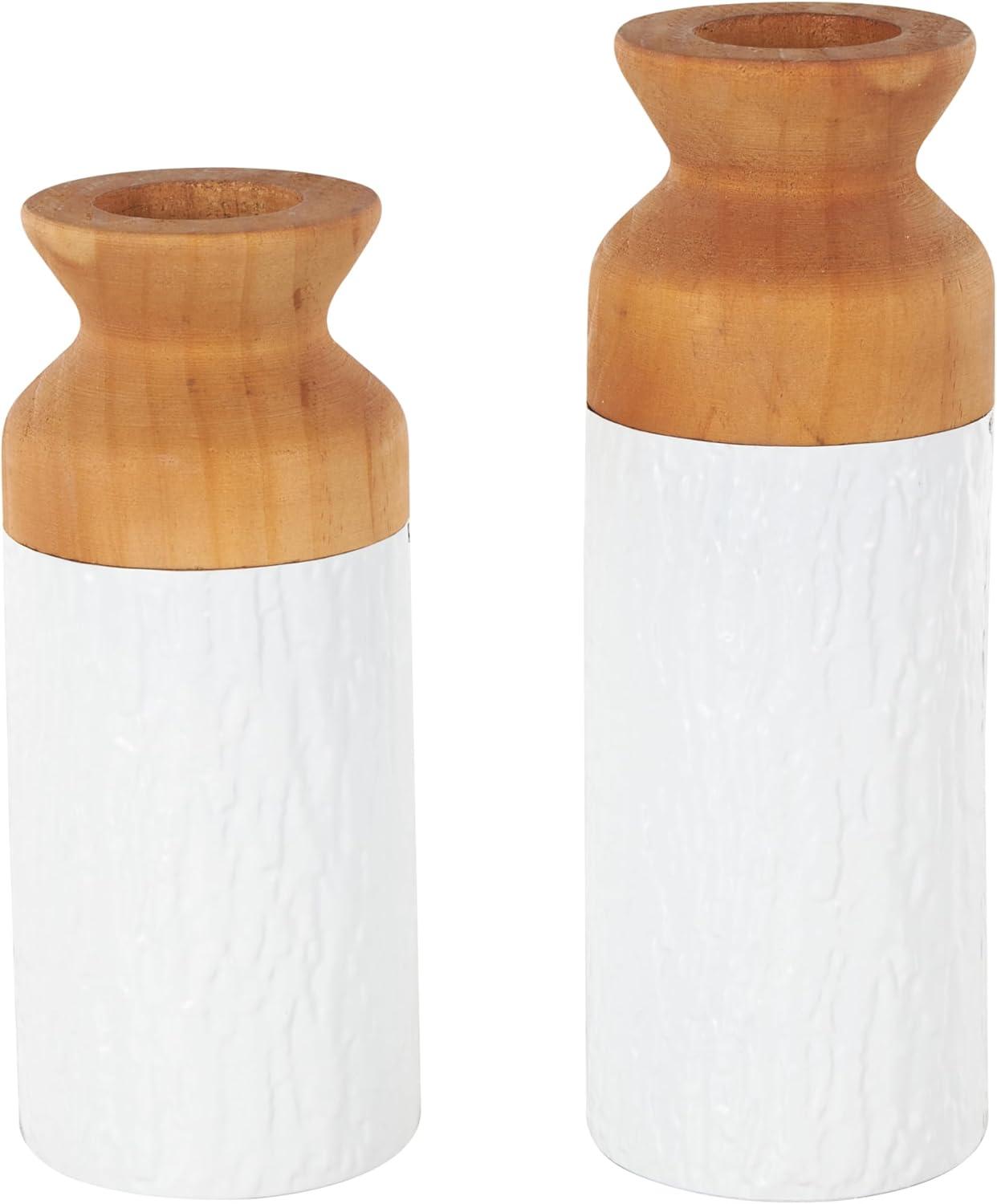 imageDeco 79 Metal Decorative Vase Color Block Centerpiece Vases with Rounded Linear Grooves and Brown Wood Tops Set of 2 Flower Vases for Home Decoration 11quot 10quot H BlackWhite