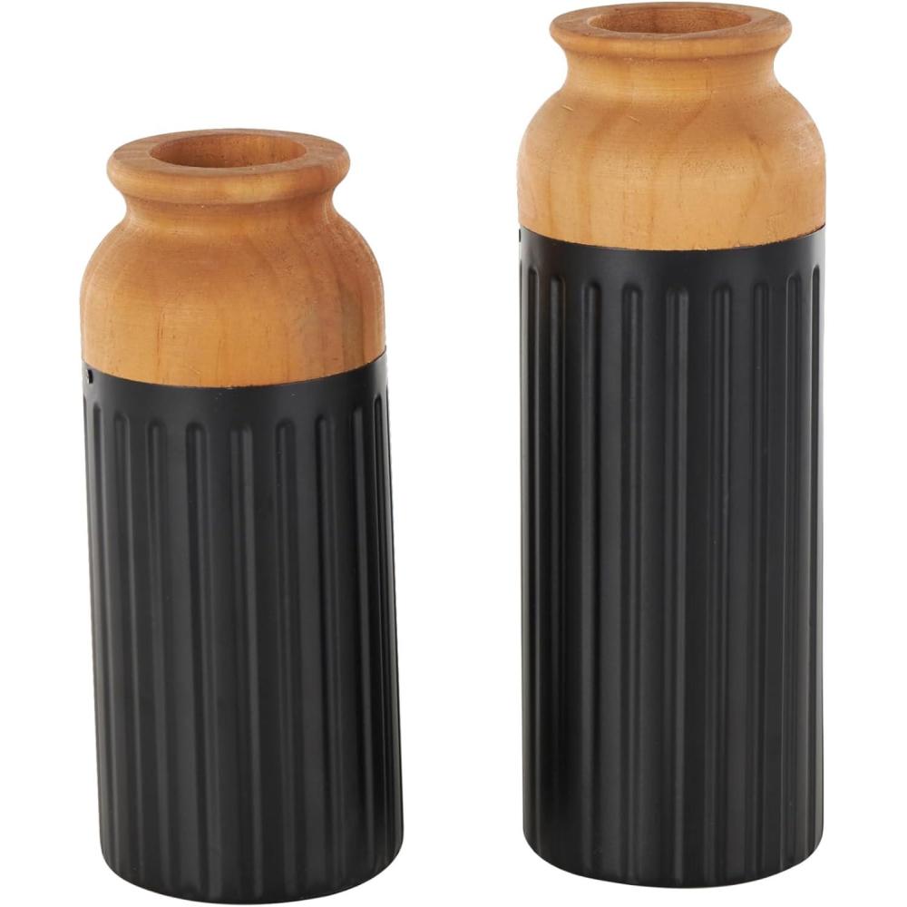 imageDeco 79 Metal Decorative Vase Color Block Centerpiece Vases with Rounded Linear Grooves and Brown Wood Tops Set of 2 Flower Vases for Home Decoration 11quot 10quot H BlackBlack