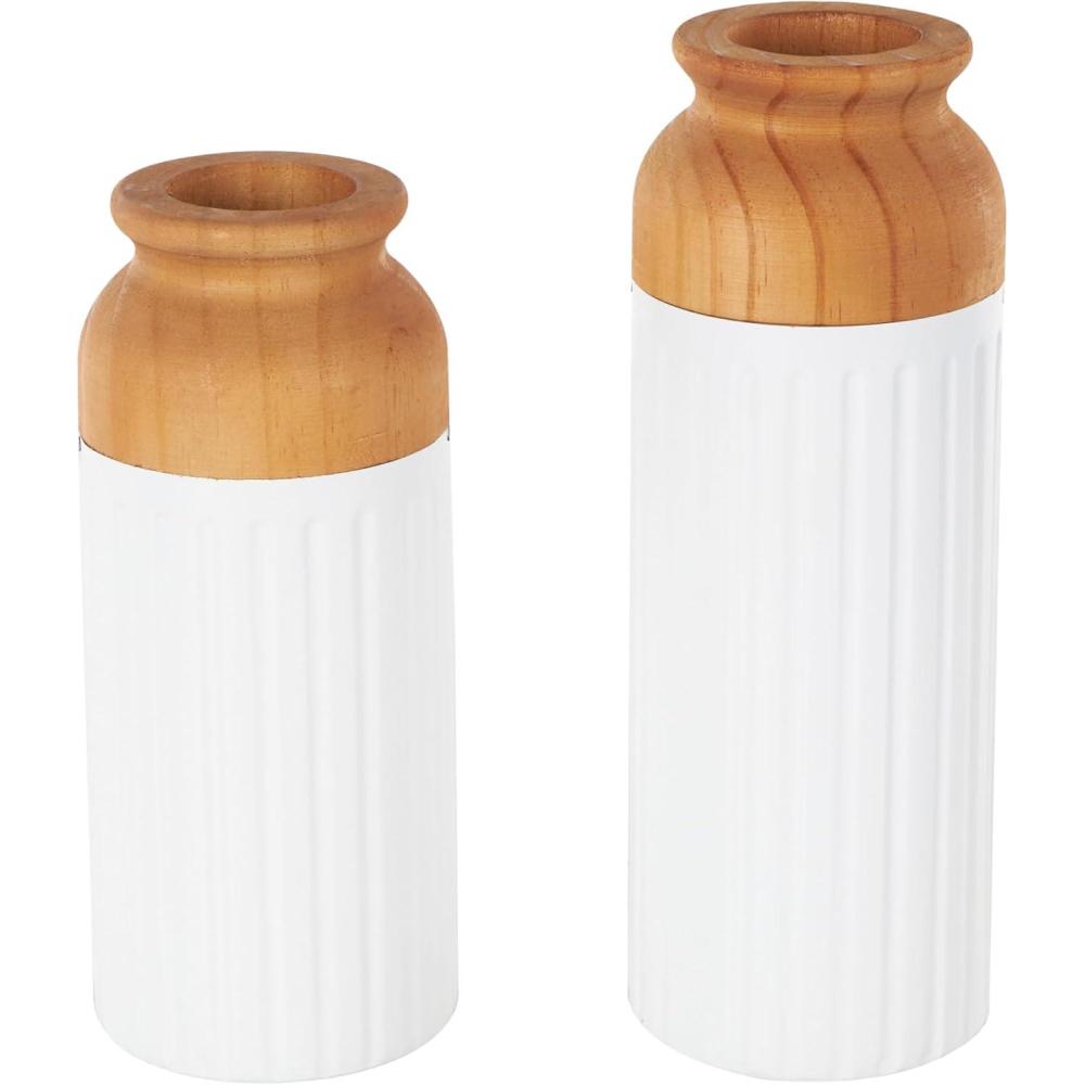 imageDeco 79 Metal Decorative Vase Color Block Centerpiece Vases with Rounded Linear Grooves and Brown Wood Tops Set of 2 Flower Vases for Home Decoration 11quot 10quot H BlackWhite