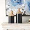 imageDeco 79 Metal Decorative Vase Color Block Centerpiece Vases with Rounded Linear Grooves and Brown Wood Tops Set of 2 Flower Vases for Home Decoration 11quot 10quot H BlackBlack