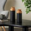 imageDeco 79 Metal Decorative Vase Color Block Centerpiece Vases with Rounded Linear Grooves and Brown Wood Tops Set of 2 Flower Vases for Home Decoration 11quot 10quot H BlackBlack