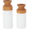 imageDeco 79 Metal Decorative Vase Color Block Centerpiece Vases with Rounded Linear Grooves and Brown Wood Tops Set of 2 Flower Vases for Home Decoration 11quot 10quot H BlackWhite