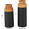 imageDeco 79 Metal Decorative Vase Color Block Centerpiece Vases with Rounded Linear Grooves and Brown Wood Tops Set of 2 Flower Vases for Home Decoration 11quot 10quot H BlackBlack