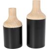 imageDeco 79 Metal Decorative Vase Color Block Centerpiece Vases with Rounded Linear Grooves and Brown Wood Tops Set of 2 Flower Vases for Home Decoration 11quot 10quot H BlackBlack