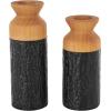 imageDeco 79 Metal Decorative Vase Color Block Centerpiece Vases with Rounded Linear Grooves and Brown Wood Tops Set of 2 Flower Vases for Home Decoration 11quot 10quot H BlackBlack