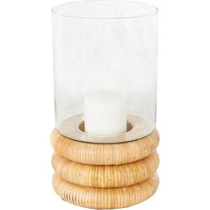 imageDeco 79 Glass Room Hurricane Lamp Round Hurricane Candle Holder with Light Brown Woven Base Table Centerpiece Lamp 8quot x 8quot x 13quot Clear