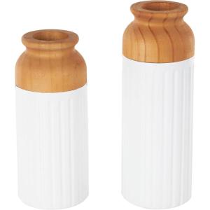 imageDeco 79 Metal Decorative Vase Color Block Centerpiece Vases with Rounded Linear Grooves and Brown Wood Tops Set of 2 Flower Vases for Home Decoration 11quot 10quot H BlackWhite
