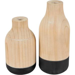 imageDeco 79 Metal Decorative Vase Color Block Centerpiece Vases with Rounded Linear Grooves and Brown Wood Tops Set of 2 Flower Vases for Home Decoration 11quot 10quot H BlackLight Brown