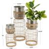 imageDeco 79 Metal Indoor Planter Textured Dome Large Planter Pot with Woven Seagrass and Caged Rod Pedestal Base Set of 3 Planters 32quot 27quot 24quot H SilverSilver