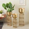 imageDeco 79 Metal Indoor Planter Textured Dome Large Planter Pot with Woven Seagrass and Caged Rod Pedestal Base Set of 3 Planters 32quot 27quot 24quot H SilverGold