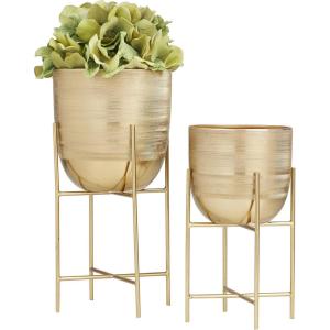 imageCosmoLiving by Cosmopolitan Metal Indoor Outdoor Planter Deep Recessed Hammered Dome Large Planter Pot with Removable Stand Set of 2 Planters 17quot 19quotH GoldGold