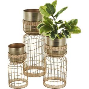 imageDeco 79 Metal Indoor Planter Textured Dome Large Planter Pot with Woven Seagrass and Caged Rod Pedestal Base Set of 3 Planters 32quot 27quot 24quot H SilverGold
