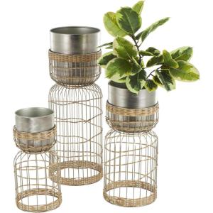 imageDeco 79 Metal Indoor Planter Textured Dome Large Planter Pot with Woven Seagrass and Caged Rod Pedestal Base Set of 3 Planters 32quot 27quot 24quot H SilverSilver