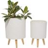 imageDeco 79 Magnesium Oxide Indoor Outdoor Large Pot with Wood Legs Set of 2 Planters 16quot 13quotH WhiteWhite