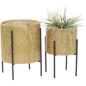 imageCosmoLiving by Cosmopolitan Metal Indoor Outdoor Planter Floral Cutout Small Planter Pot with Removable Stand Set of 2 Planters 15quot 14quotH GoldGold