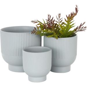 imageDeco 79 Ceramic Indoor Outdoor Planter Small Planter Pot with Linear Grooves and Tapered Bases Set of 3 Planters 9quot 8quot 6quotH WhiteLight Blue