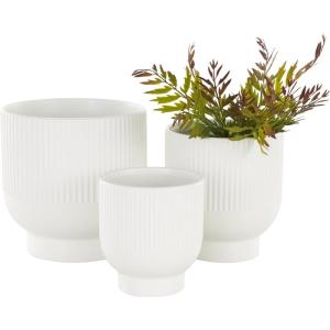 imageDeco 79 Ceramic Indoor Outdoor Planter Small Planter Pot with Linear Grooves and Tapered Bases Set of 3 Planters 9quot 8quot 6quotH WhiteWhite
