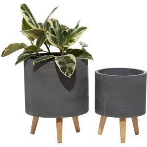 imageDeco 79 Magnesium Oxide Indoor Outdoor Large Pot with Wood Legs Set of 2 Planters 16quot 13quotH WhiteDark Gray