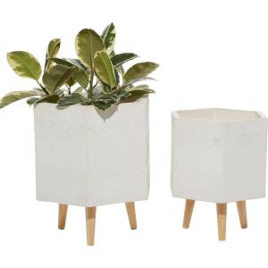 imageDeco 79 Magnesium Oxide Indoor Outdoor Large Pot with Wood Legs Set of 2 Planters 16quot 13quotH WhiteWhite