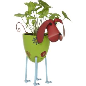 imageDeco 79 Metal Dog Indoor Outdoor Planter  Large Pot With Floral Pattern 19quot x 8quot x 18quot Green