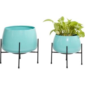 imageDeco 79 Metal Indoor Outdoor Planter Large Planter Pot with Removable Gold Stand Set of 2 Planters 16quot 13quotH WhiteTeal