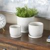 imageDeco 79 Ceramic Indoor Outdoor Planter Abstract Circle Patterned Small Planter Pot with Brown Accents and Base Tray Set of 3 Planters 7quot 5quot H White