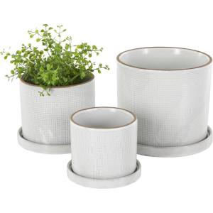 imageDeco 79 Ceramic Geometric Indoor Outdoor Planter Grid Patterned Small Planter Pot with Brown Accents and Base Tray Set of 3 Planters 6quot 5quot H White