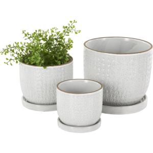 imageDeco 79 Ceramic Indoor Outdoor Planter Abstract Circle Patterned Small Planter Pot with Brown Accents and Base Tray Set of 3 Planters 7quot 5quot H White