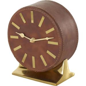imageDeco 79 Faux Leather Round Clock with Silver Rectangular Base 5quot x 3quot x 6quot BlackBrown