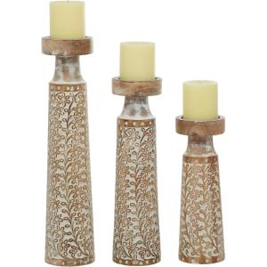 imageDeco 79 Mango Wood Floral Handmade Vine Decorative Candle Holder with Whitewashed Cream Backing Set of 3 Candlestick Holder 18quot 15quot 11quotH Brown13  15  18