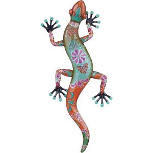 imageDeco 79 Metal Lizard Home Wall Decor Indoor Outdoor Floral Patterned Wall Sculpture with Teal and Pink Accents Wall Art 18quot x 3quot x 33quot Orange