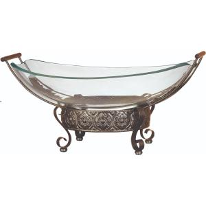 imageDeco 79 Tempered Glass Kitchen Serving Bowl with Brown Metal Base 24quot x 14quot x 8quot ClearClear