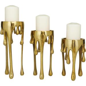 imageCosmoLiving by Cosmopolitan Aluminum Metal Abstract Decorative Candle Holder Melting Drip Candle Stand Set of 3 Candlestick Holder 12quot 10quot 8quotH GoldGold