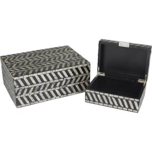 imageDeco 79 Mother of Pearl Shell Handmade Decorative Box Chevron Pattern Decorative Keepsake Boxes with Hinged Lid Set of 2 Storage Boxes 12quot 8quotW GrayBlackWhite