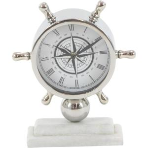 imageDeco 79 Stainless Steel Metal Ship Wheel Clock with Marble Base 9quot x 3quot x 8quot SilverSilver