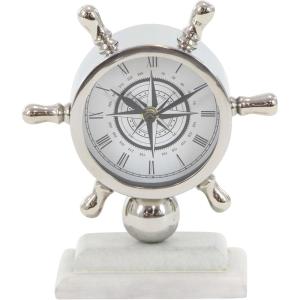 imageDeco 79 Stainless Steel Metal Ship Wheel Clock with Marble Base 9quot x 3quot x 8quot SilverSilverBlackWhite