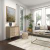 imageDeco 79 Wooden Room Cabinet with Upholstered Front Panel Mirrored Top Ring Handles  Accent Cabinet 47quot x 15quot x 32quot GrayBeige