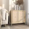 imageDeco 79 Wooden Room Cabinet with Upholstered Front Panel Mirrored Top Ring Handles  Accent Cabinet 47quot x 15quot x 32quot GrayBeige