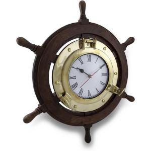 imageDeco 79 19002 Wood ampamp Brass Ship Wheel Clock