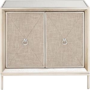 imageDeco 79 Wooden Room Cabinet with Upholstered Front Panel Mirrored Top Ring Handles  Accent Cabinet 47quot x 15quot x 32quot GrayBeige