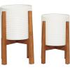 imageDeco 79 Metal Indoor Outdoor Planter Large Planter Pot with Removable Wood Stand Set of 2 Planters 17quot 15quotH WhiteWhite