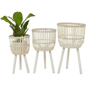 imageDeco 79 Bamboo Wood Handmade Indoor Planter Woven Basket Large Planter Pot with Wooden Tripod Legs Set of 3 Planters 26quot 23quot 20quotH BrownWhite