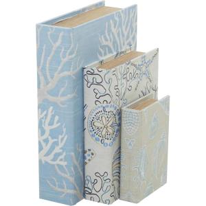 imageDeco 79 Canvas Decorative Box Faux Storage Book Book Shaped Boxes with Varying Coral and Shell Patterns Set of 3 Decorative Keepsake Boxes 12quot 9quot 6quotH Light BlueLight Blue