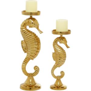 imageDeco 79 Coastal Aluminum Solid Candle Holder Set of 2 18quot 14quotH GoldGold