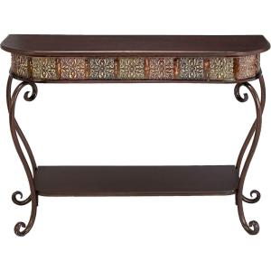 imageDeco 79 Metal Floral Embossed 1 Shelf Console Table with Ornate Scroll Legs 43quot x 14quot x 32quot BrownConsole Table