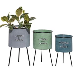 imageDeco 79 Metal Indoor Outdoor Planter Large Planter Pot with Flowers And Garden Text and Black Tripod Legs Set of 3 Planters 20quot 18quot 16quotH Multi Colored